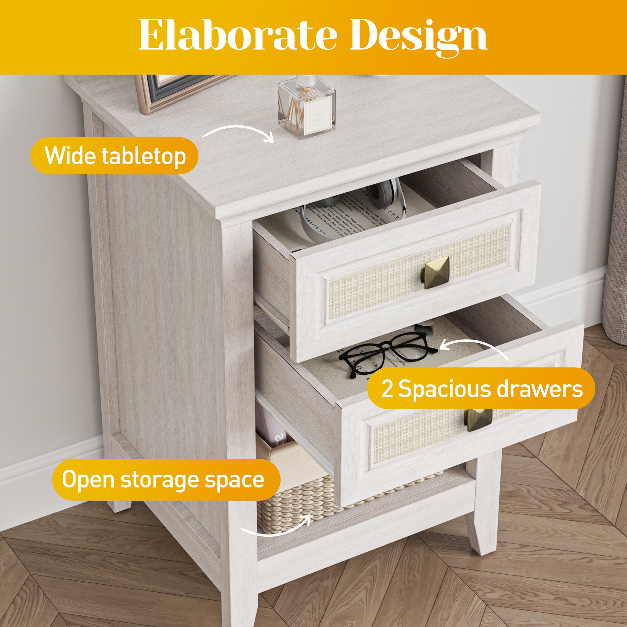 Grayish White Rattan Nightstand With Drawer Set Of 2, Boho 27" Tall Bedside Table With Storage For Small Space, Living Room Wood Accent End Table Bedroom Furniture, Couch Coffee Table_voghion.com